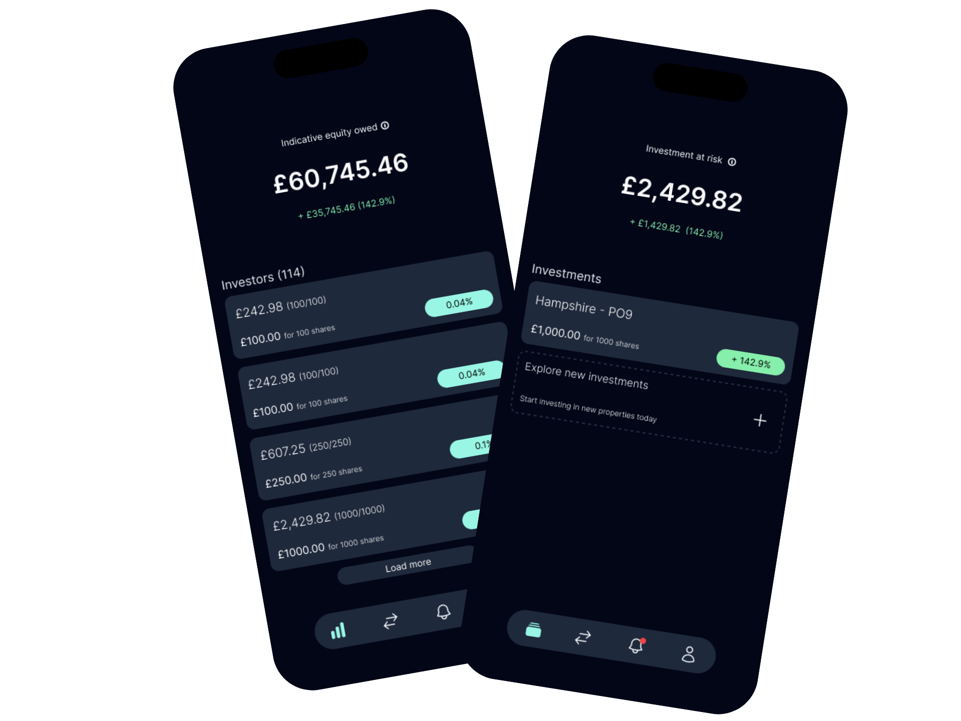 Eqivest mobile app showing location-backed property investment balances